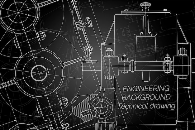 Вектор Чертежи машиностроения на черном фоне редуктор технический дизайн обложки план вектор ...