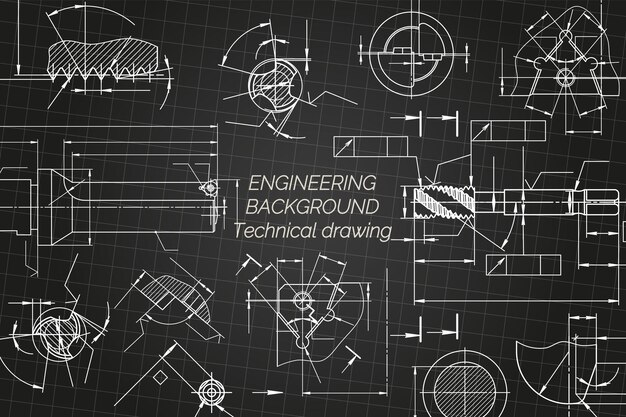 Вектор Машиностроительные чертежи на черном фоне ключевые инструменты бурильщик режущие инструменты мельница технический дизайн обложка чертеж векторная иллюстрация