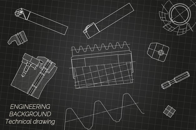 Вектор Машиностроительные чертежи на черном фоне ключевые инструменты бурильщик режущие инструменты мельница технический дизайн обложка чертеж векторная иллюстрация