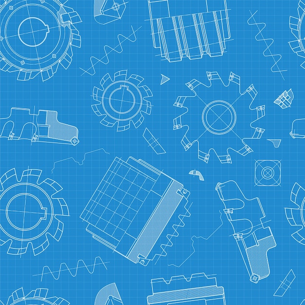 Вектор Машиностроительные чертежи на синем фоне режущие инструменты фрезерный кутер технический дизайн обложка план бесшовного узора векторная иллюстрация