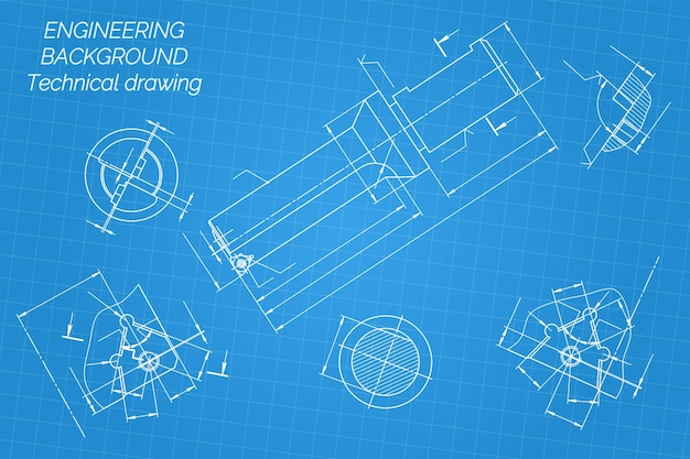 Вектор Чертежи машиностроения на синем фоне. инструменты для растачивания инструментов. технический дизайн. обложка. чертеж. векторная иллюстрация.