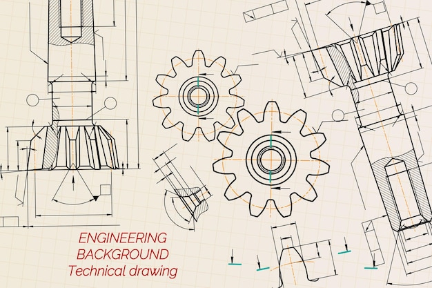 Mechanical engineering drawings on sepia background tap tools borer technical design cover blueprint vector illustration