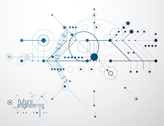 Векторный абстрактный фон технологии машиностроения, кибернетическая абстракция с инновационными промышленными схемами.