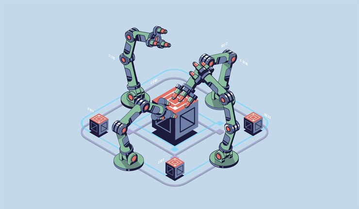 Vector mechanical hand. industrial robot manipulator. modern industrial technology.