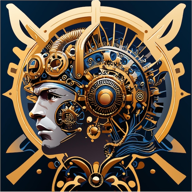 Mechanical Head Adorned with Gears Abstract Steampunk Art