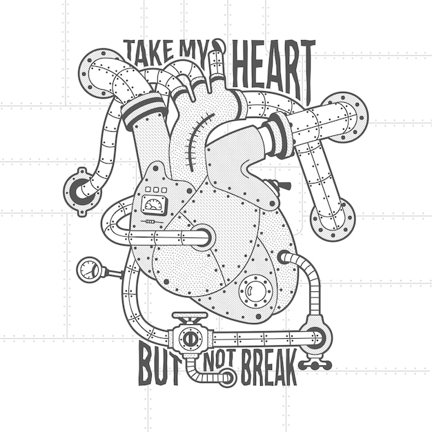 Vector mechanical heart image in steampunk style. heart motor vintage lettering.