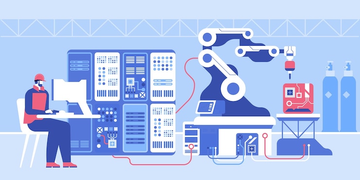 Vector mechanical robot arm machine creates microchips works on line conveyor engineer controls process