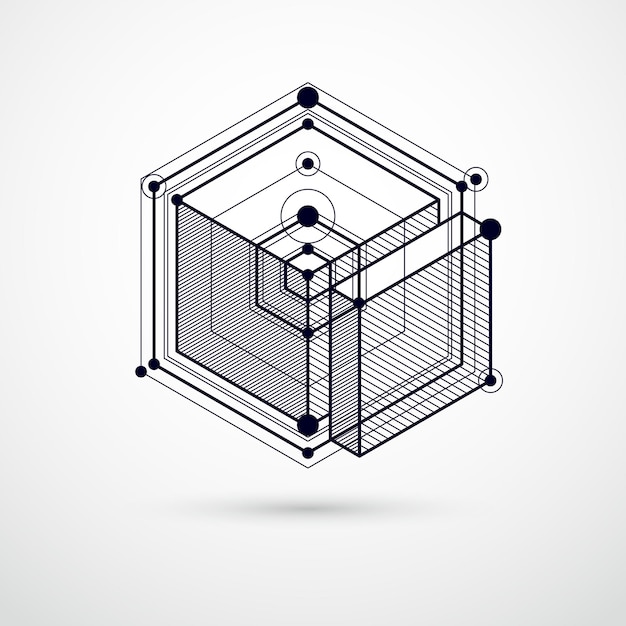 Механическая схема, черно-белый векторный инженерный рисунок с 3d-кубами и геометрическими элементами. инженерно-технологические обои с сотовым заполнителем.