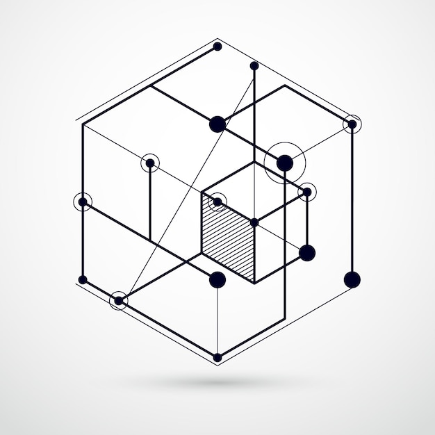 Vettore schema meccanico, disegno tecnico vettoriale in bianco e nero con cubi 3d ed elementi geometrici. carta da parati tecnologica ingegneristica realizzata con nido d'ape.