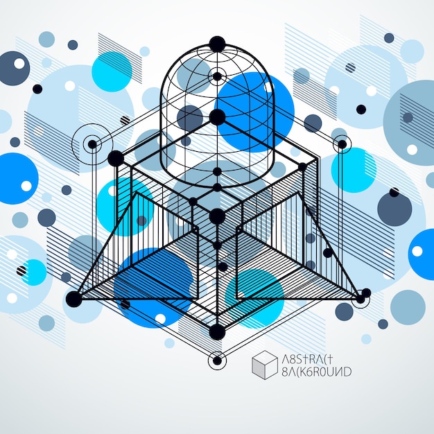 기계 구성표, 3d 큐브 및 기하학적 요소가 있는 파란색 벡터 엔지니어링 도면. 벌집으로 만든 엔지니어링 기술 벽지.