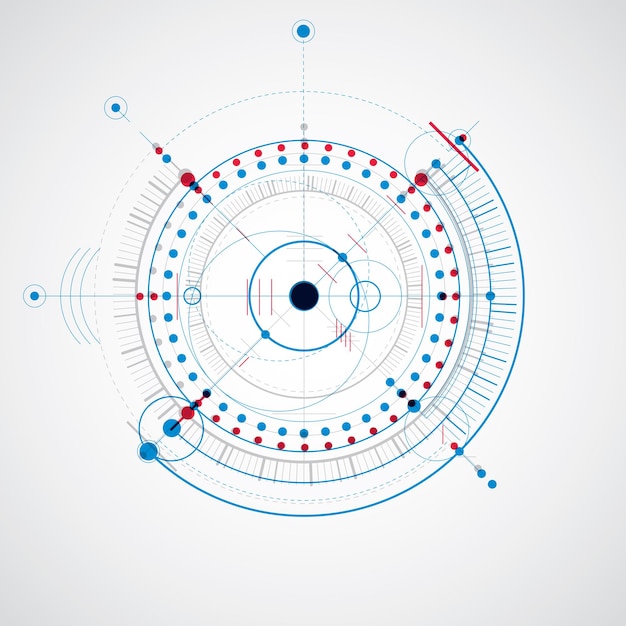 Mechanical scheme, blue vector engineering drawing with circles and geometric parts of mechanism. Technical plan can be used in web design and as wallpaper.