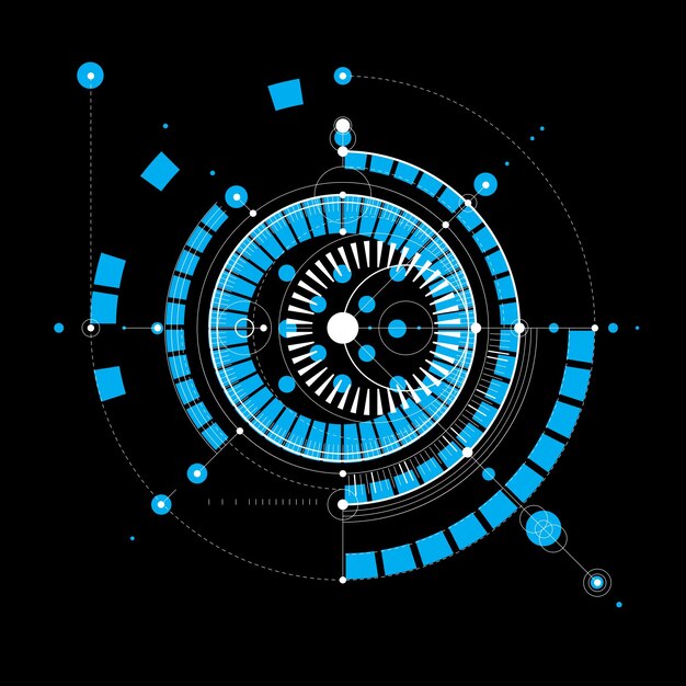 Mechanical scheme, blue vector engineering drawing with circles and geometric parts of mechanism. Technical plan can be used in web design and as wallpaper.