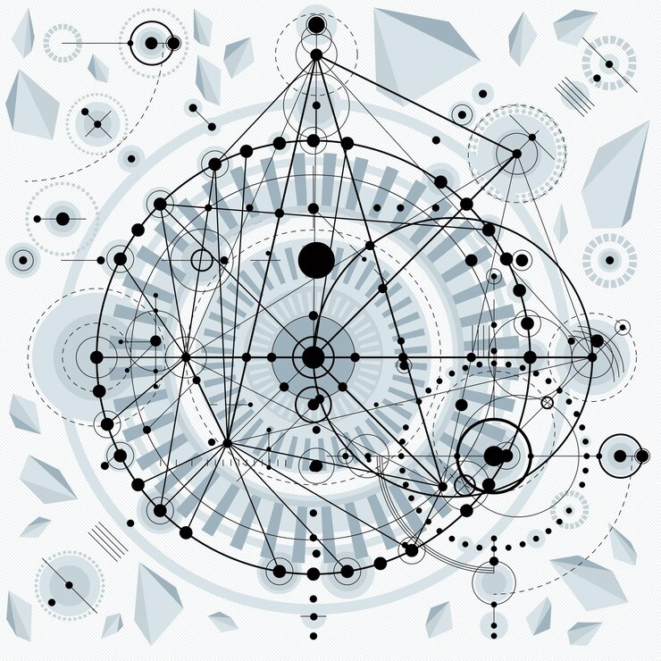 Vector mechanical scheme, vector engineering drawing with geometric parts of mechanism. futuristic industrial project can be used in web design and as wallpaper.