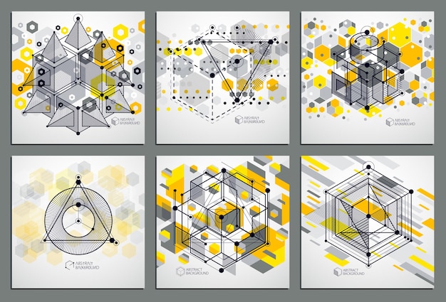 Mechanical scheme, yellow vector engineering drawings set with 3D cubes and geometric elements. Engineering technological wallpaper made with honeycombs.