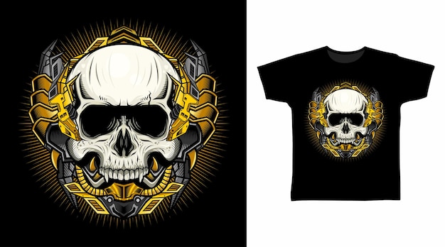 금 갑옷 일러스트 티셔츠 디자인 컨셉이 있는 기계 해골.