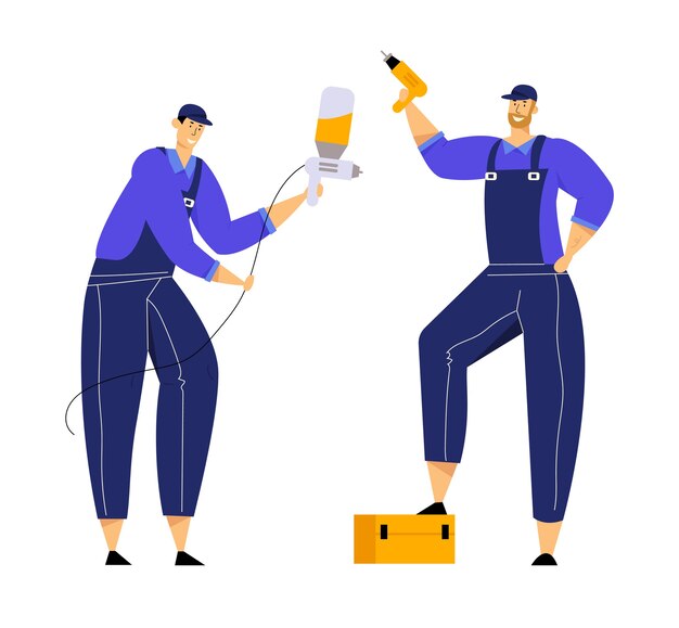 Vector mechanics characters dressed in blue overalls holding drill and spray gun