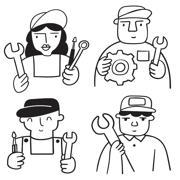 Mechanics. Collection of outline icons. Hand drawn illustrations on white background.