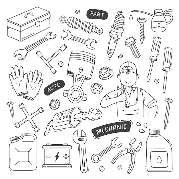 Mechanics tools and equipments doodle hand drawn vector illustration