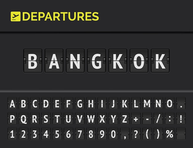 Mechanisch luchthavenflipboard-lettertype met vluchtinformatie van vertrekbestemming in Azië: Bangkok met vliegtuigpictogram.