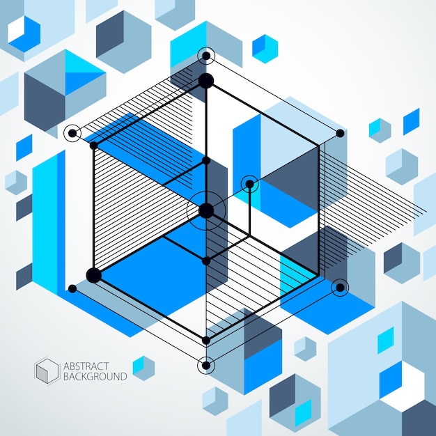 Mechanisch schema, blauwe vector technische tekening met 3D-kubussen en geometrische elementen. Technisch technologisch behang gemaakt met honingraten.