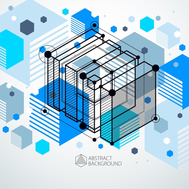 Mechanisch schema, blauwe vector technische tekening met 3D-kubussen en geometrische elementen. Technisch technologisch behang gemaakt met honingraten.