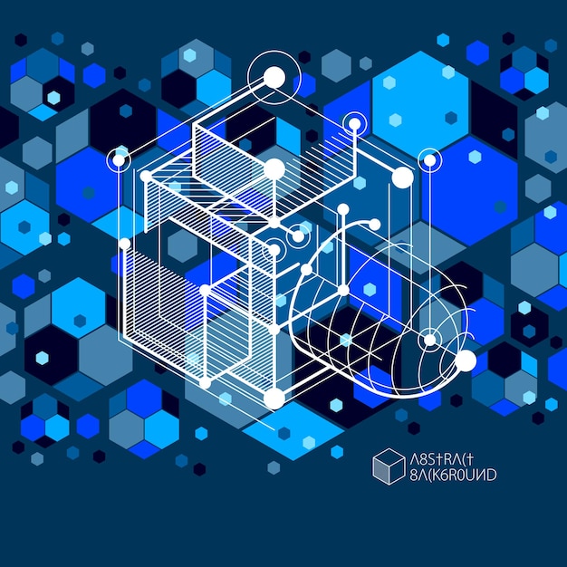 Mechanisch schema, donkerblauwe technische tekening met 3D-kubussen en geometrische elementen. Technisch technologisch behang gemaakt met honingraten.