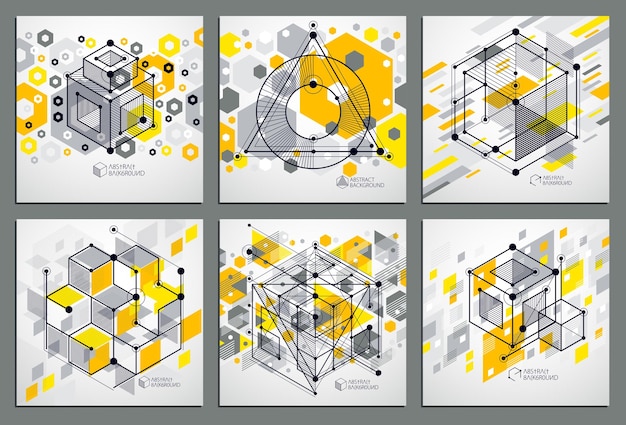 Mechanisch schema, gele vector technische tekeningen set met 3D-kubussen en geometrische elementen. Technisch technologisch behang gemaakt met honingraten.