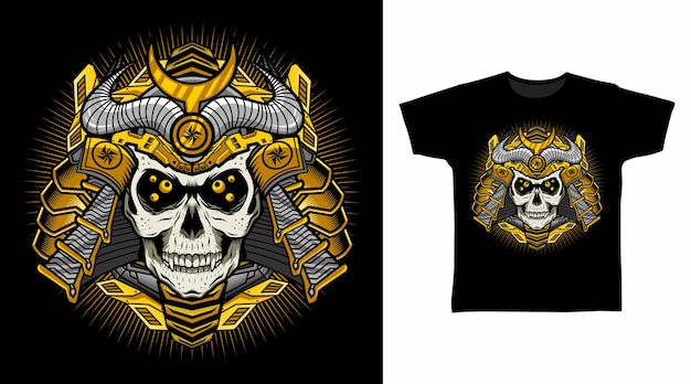 Mechanische gouden samurai schedel met oorlogspantser illustratie t-shirt ontwerpconcept.