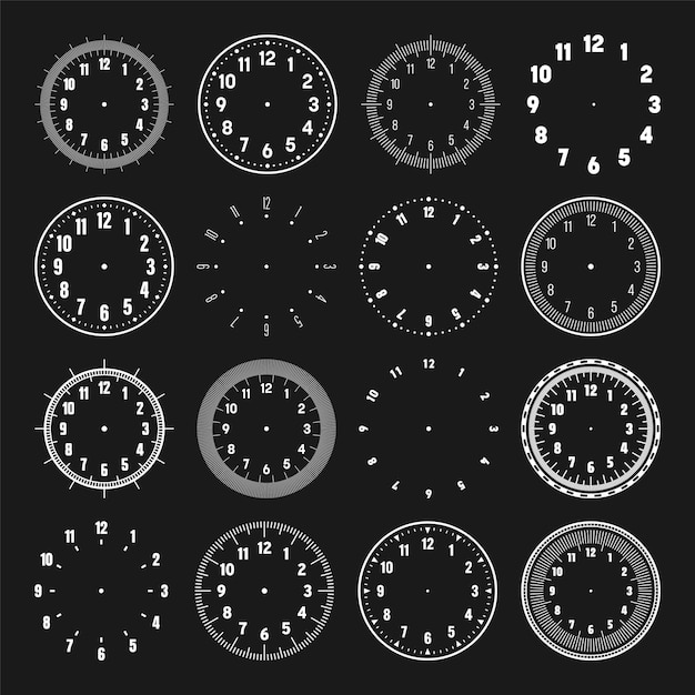 Vector mechanische klokken met arabische cijfers, randje, witte wijzerplaat met minuten- en uurmerken en