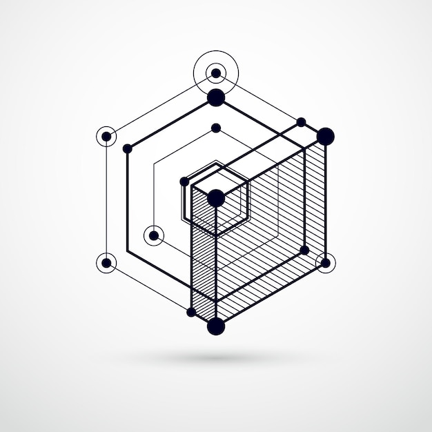 Mechanische regeling, zwart-wit vector technische tekening met 3D-kubussen en geometrische elementen. Technisch technologisch behang gemaakt met honingraten.