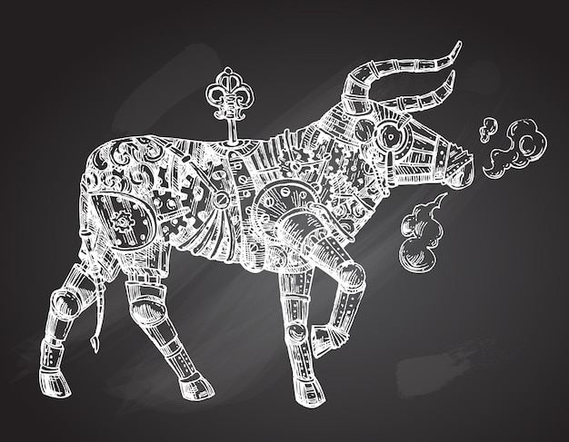 Mechanische stier Handgetekende vector steampunk animal