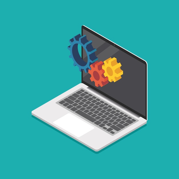 Mechanische versnellingen op laptop scherm isometrische weergave. vector illustratie