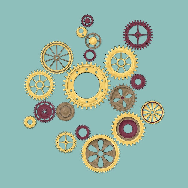 The mechanism of multicolored round gears in the steampunk style