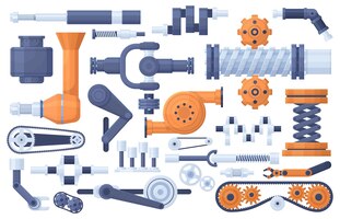 Вектор Детали механизмов, завод, двигатель, промышленные элементы, технические шестерни и набор векторных иллюстраций механики, шестерни и адаптеры, иллюстрация части двигателя машины