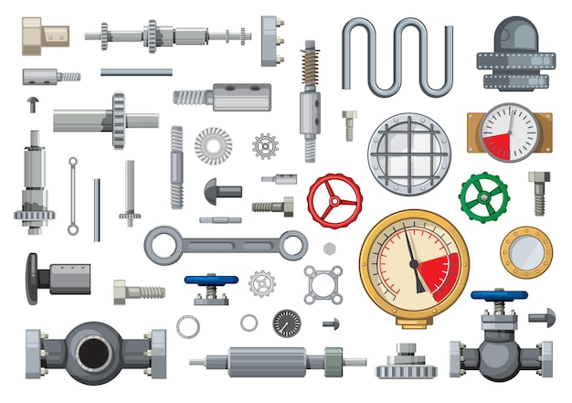 Mechanisms spare parts and engineering industry elements cartoon set. Worm, bevel, and helical gears, pipeline gate valves, piston pin and pressure gauges, hydraulic cylinder, bolts and gaskets