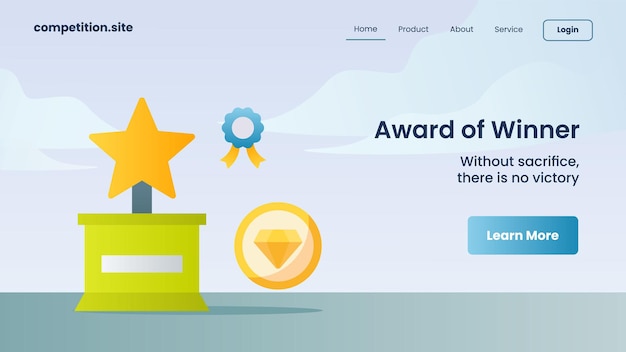 Vector medaille, diamant en trofee als toekenning van winnaar met slogan zonder offer is er geen overwinning voor websitesjabloon landing homepage vectorillustratie