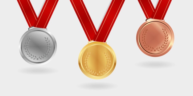 Vector medal collection with red ribbon. gold, silver and bronze