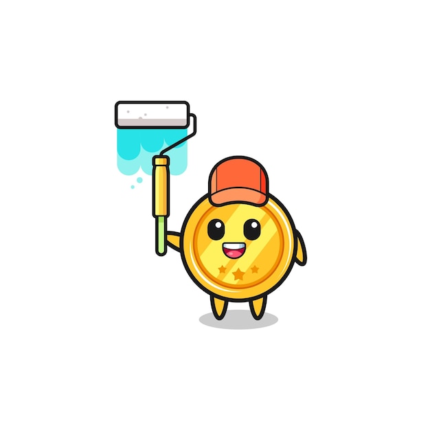 The medal painter mascot with a paint roller cute design