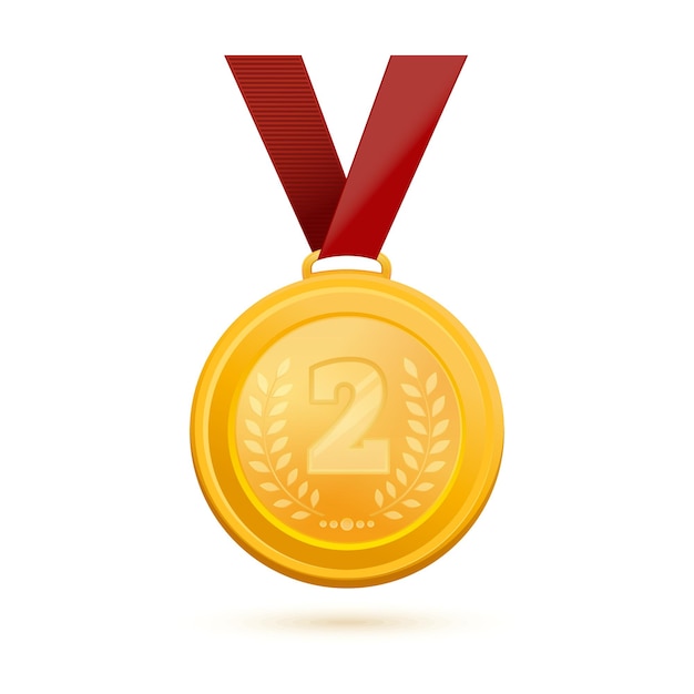 Medal for second place. Golden 2nd place badge. Gold medal with the image of the number 2 and an olive branch. Vector illustration