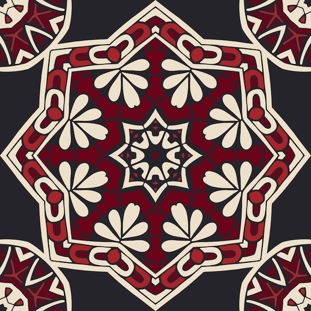 メダリオンアラベスクダマスクシームレスタイルモチーフパターン。黒と赤の装飾的な幾何学的な表面デザイン。