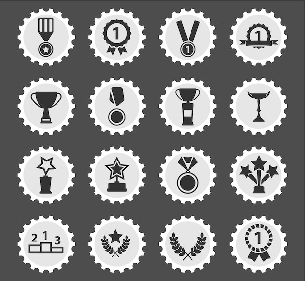 Medals and tropheys icons on stylized round postage stamps