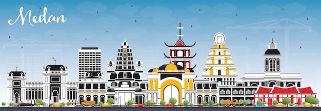 Горизонты города Индонезии Медан с цветными зданиями и голубым небом. Векторные иллюстрации. Деловые поездки и концепция туризма с исторической архитектурой. Городской пейзаж Медана с достопримечательностями.