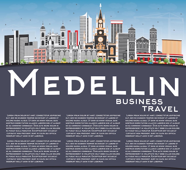 Medellin Skyline with Gray Buildings, Blue Sky and Copy Space. Vector Illustration. Business Travel and Tourism Concept with Historic Architecture. Image for Presentation Banner Placard and Web Site.