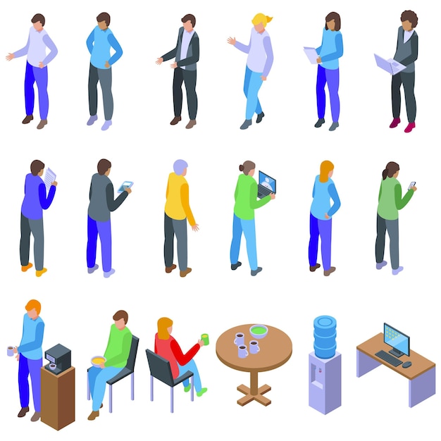Medewerkers die met elkaar communiceren kantoor iconen set isometrische vector Interieur zaken