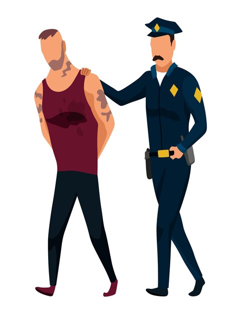 Vector medewerkers of personeel van het politiebureau politieagent in uniform werkend detective op kantoor mensen in de gevangenis vector illustratie in cartoon stijl
