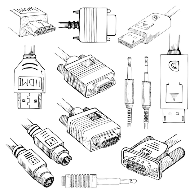 미디어 케이블 세트 HDMI VGA DVI DisplayPort SVideo 오디오 잭 스케치 스타일 벡터 일러스트 레이 션