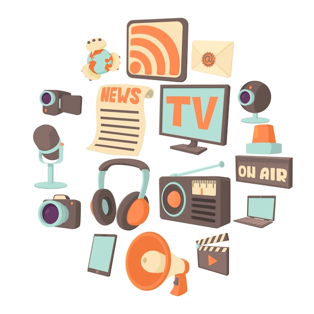 Media communications icon set, cartoon style