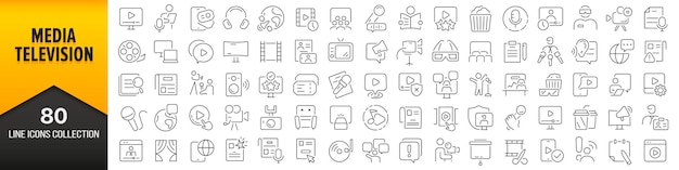 Media en televisie lijn iconen collectie Big UI icon set in een plat ontwerp Dunne overzicht iconen pack Vector illustratie Eps10