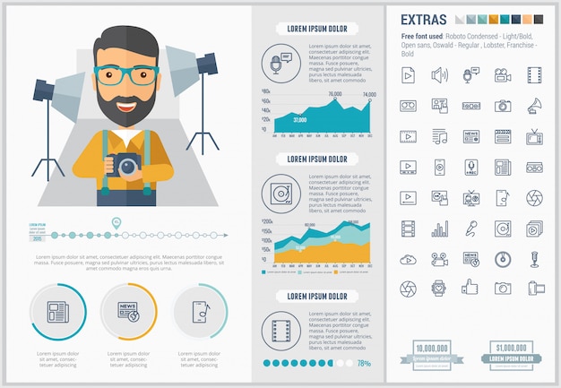 Insieme di icone e modello infographic di media design piatto