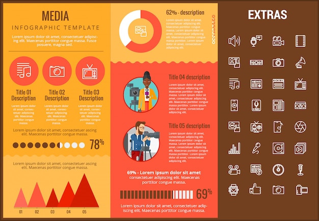 Modello di media infografica, elementi e icone